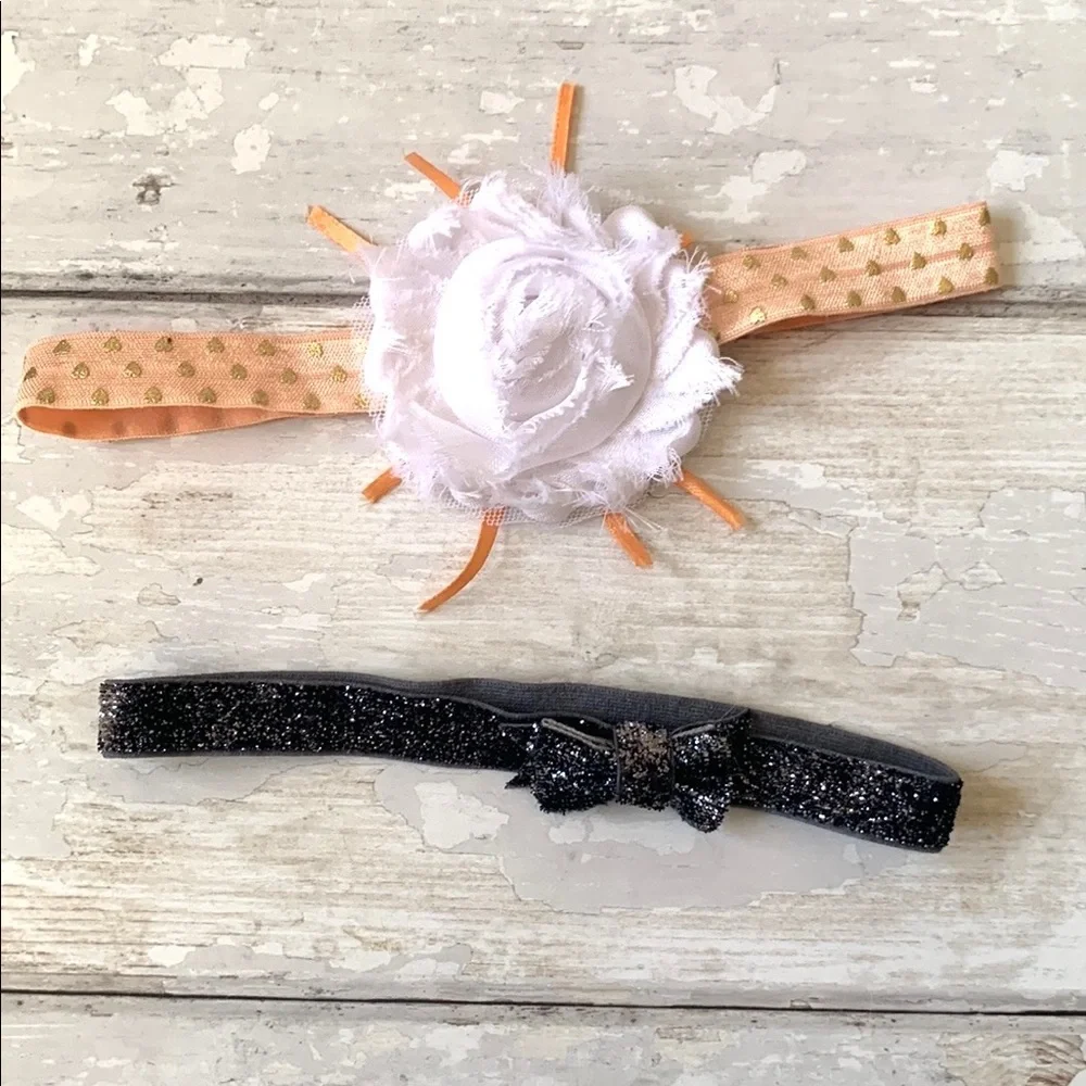 Baby Girl Headband Flower Bow Peach Gold Heart Print & Black Glitter Set of 2